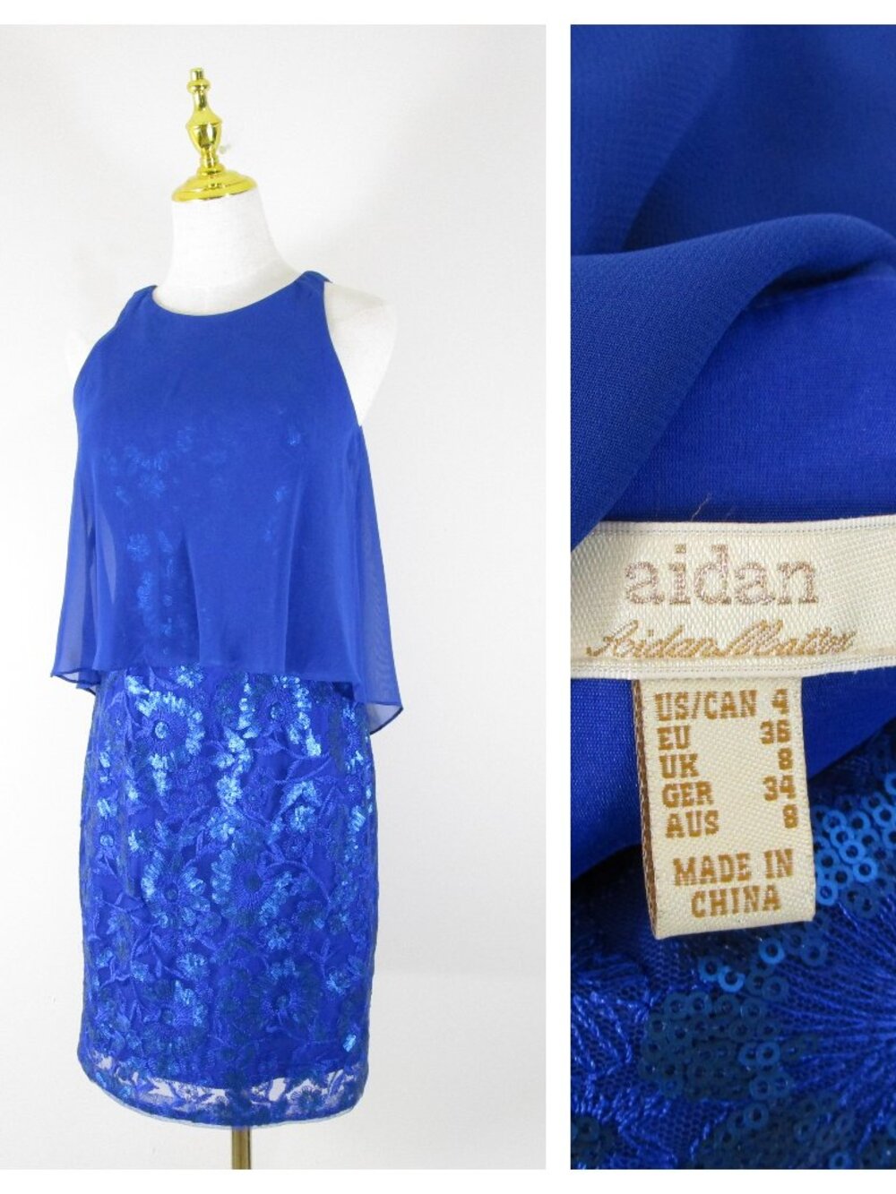 Aidan Mattox Blue Sequin Chiffon Overlay Sheath Dress Size 4 Formal Cocktail